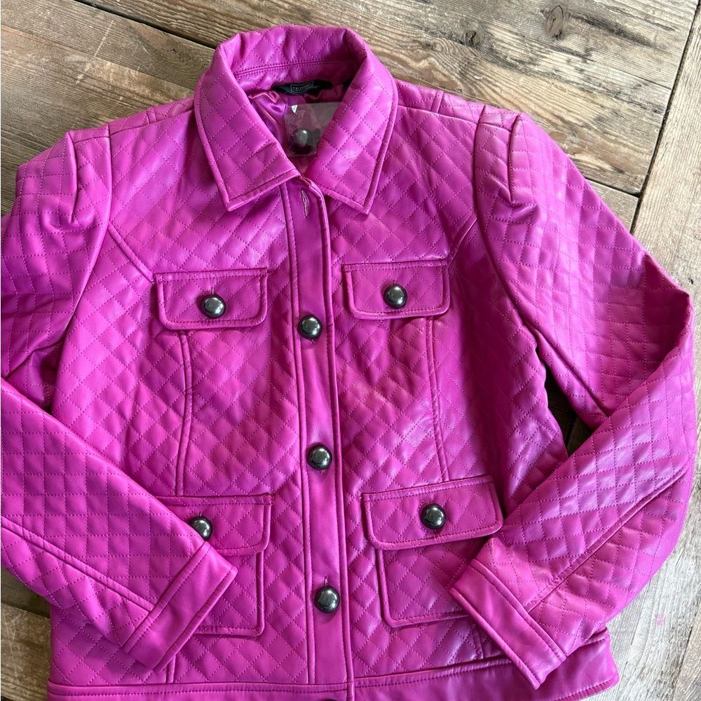 G by Giuliana faux Leather Jacket Pink NWOT buttons quilted Black Label SMALL - Picture 2 of 6